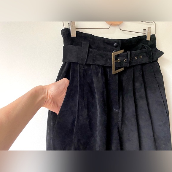 Black suede high waisted pleat front tapered pants - Picture 7 of 14